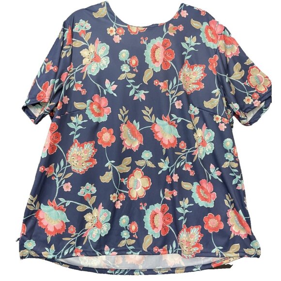 CW Classics Blue Multicolor Floral Blouse Size 2X Short Sleeve - Picture 1 of 12